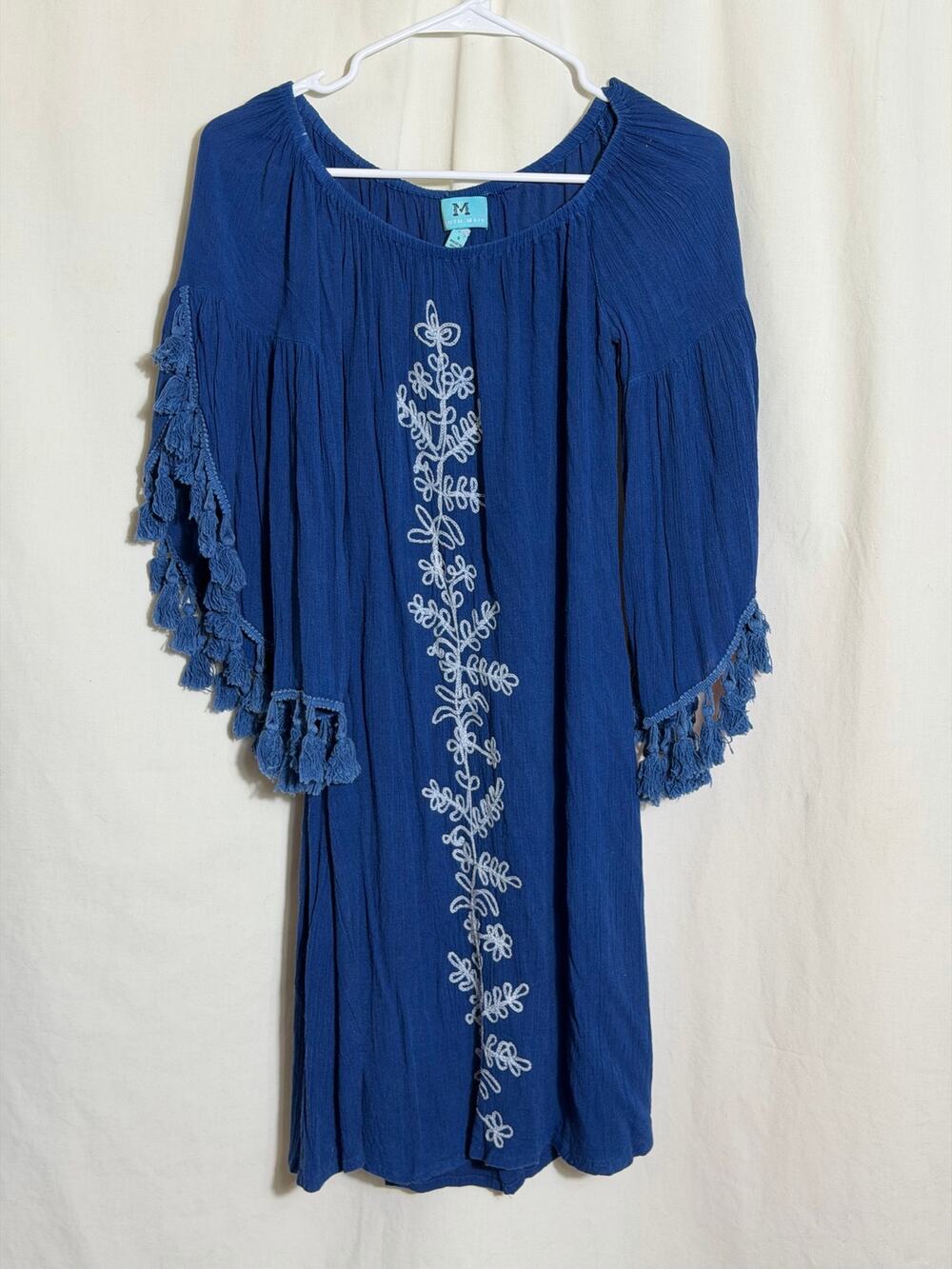 South Main Blue Boho Tunic Dress Embroidered Tassel Sleeve Cover Up Size Small